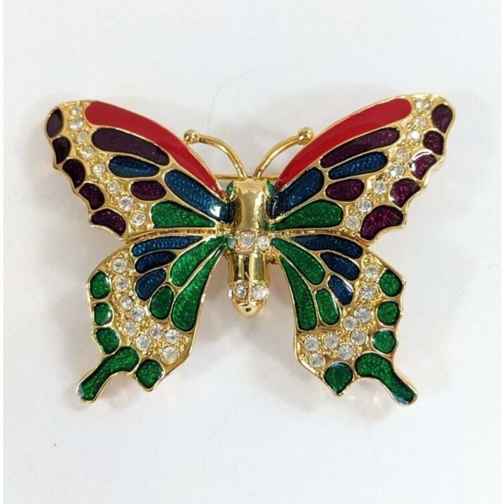 Butterfly Shaped Multi Colored Enamel And Rhinestone Brooch